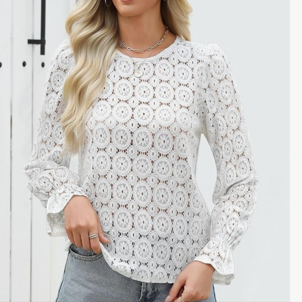 LUXVEER Long Sleeve Eyelet Shirts Lace Embroidered Blouses Dressy Casual - Picture 2 of 9